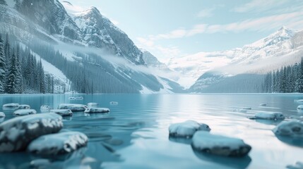 Serene Winter Lake with Snow-Covered Mountains and Clear Skies