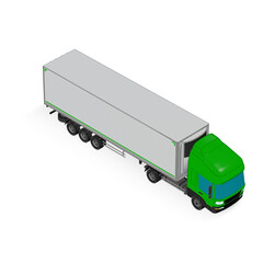 3D Isometric Cargo Truck Half Tone Vector Illustration Modern Green Cabine and White Semi-Trailer Van 4x2 Design for Logistics and Transport Presentation Social Media Video Promo Front Right
