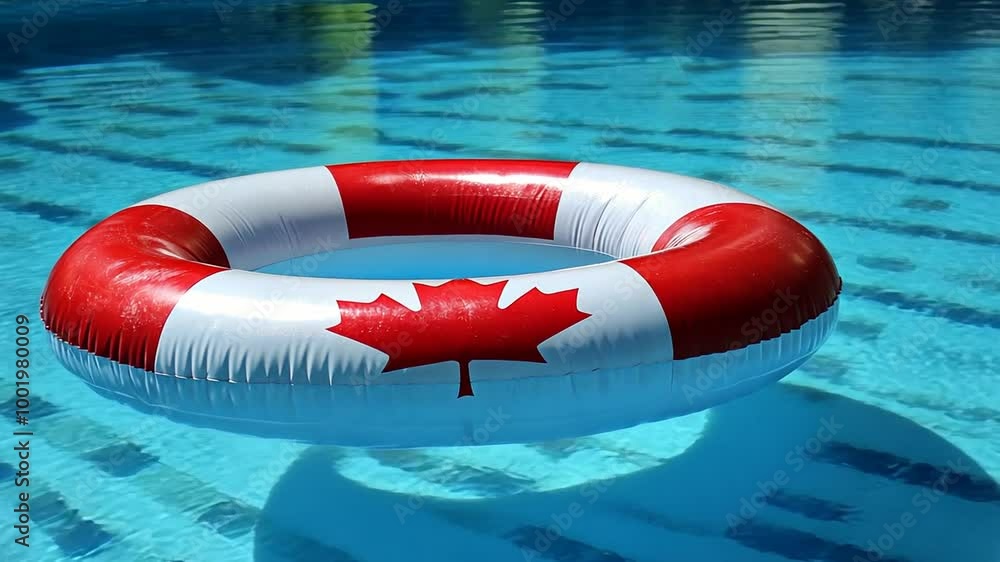 Poster colorful pool float with canadian flag pattern in clear water generative ai