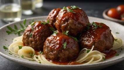 Close-Up of Meatballs on Spaghetti with Tomato Sauce and Herbs