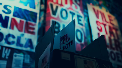 Obraz premium Close-up of a voting ballot box surrounded by election posters and campaign signs, representing the democratic process and commitment to the future.