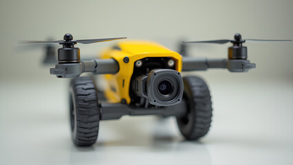 Fototapeta premium an aerial camera with two drone wheels and a yellow housing