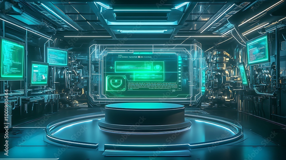 Poster Futuristic tech interior with a circular platform in the center and screens displaying digital data.