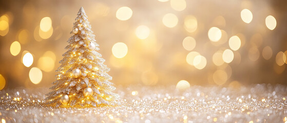 beautiful gold and white Christmas tree adorned with lights and ornaments, set against shimmering golden background. This festive scene captures joy and warmth of holiday season