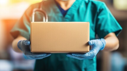Medical delivery person in uniform holding prescription drug package with medical cross symbol, standing at modern hospital entrance, with copy space for text or design.