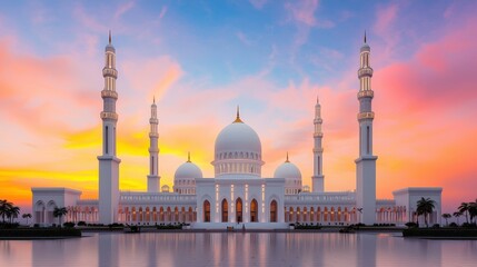 Majestic Mosque at Sunset with Vibrant Sky and Reflecting Water