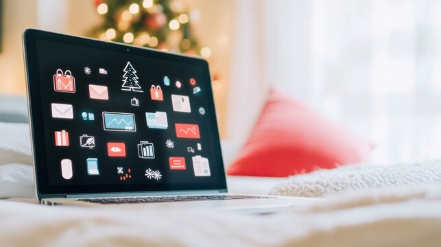 Creative Digital Christmas Tree Design on Laptop Screen with Business Icons - Minimalist Graph Concept - Powered by Adobe