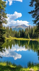 Obraz premium The calm surface of the lake mirrors the mountains and lush pine trees under a clear blue sky