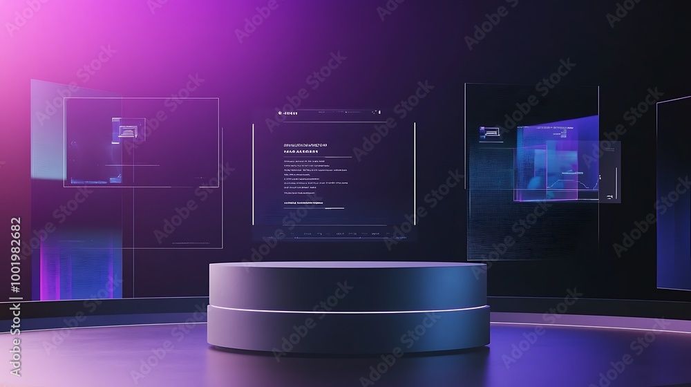 Poster a futuristic platform with glowing screens and a dark background, showcasing a product or message.