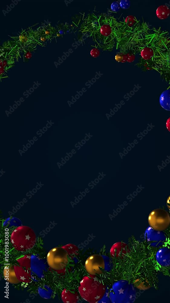 Poster christmas wreath decorated by multicolored shiny balls of different sizes. animation. christmas tree