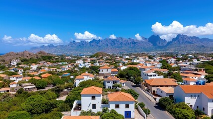 Fototapeta premium Cabo Verde Island Town Aerial View with Mountain Landscape