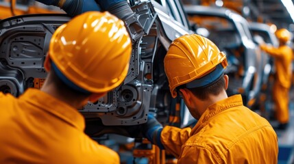 Workers in yellow helmets assembling vehicles in a modern factory.