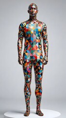 Colorful geometric body art performance by a model in a studio, showcasing intricate designs and patterns in vibrant hues. Generative AI