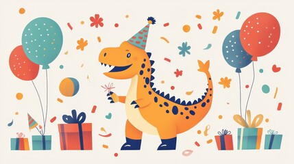 A happy dinosaur wearing a birthday hat enjoys a festive celebration with balloons and presents