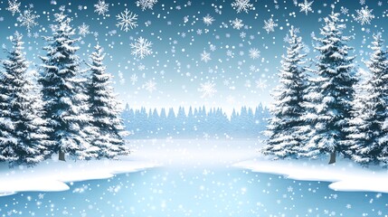 Obraz premium A winter wonderland with snow falling over a frozen lake and snow covered pine trees.
