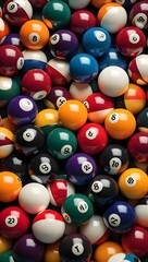 A vibrant collection of colorful pool balls arranged closely together ready for a game in a cozy billiards hall. Generative AI