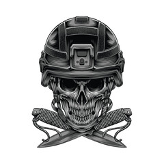 Vector Illustration of A skull wearing a helmet with two crossed swords.