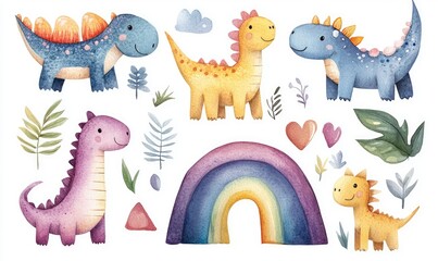 Cute Watercolor Dinosaurs and Rainbow Illustrations