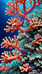Vibrant coral formations thrive in clear blue waters showcasing the beauty of marine life in a tropical underwater environment. Generative AI