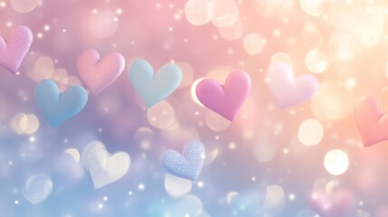 Fototapeta premium Hearts on pastel background with bokeh, romantic