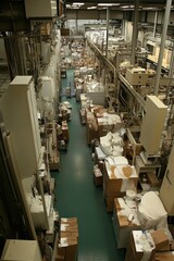 Fototapeta premium A high-angle view of a large industrial warehouse with machinery and pallets of boxes stacked on a green floor.