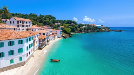 Fototapeta premium Tropical Island Village Beachscape with Turquoise Water and Boat