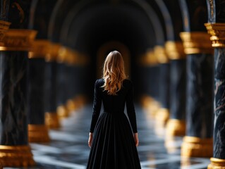 Woman in elegant attire standing in a grand corridor.
