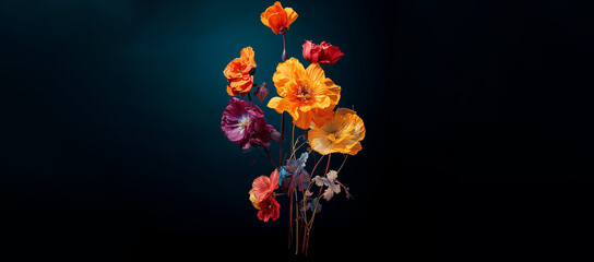 bright colourful flower arrangement, bright yellow and red, natural and detailed in high resolution, on a dark blue fabric style background, with lots of space for text for design work and templates