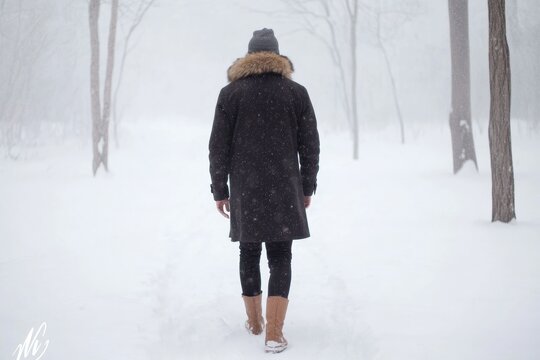 Young Man in Vintage Fur-Lined Coat Walking Through Snowy Forest in Early Morning Mist