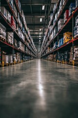 Fototapeta premium A wide aisle in a warehouse filled with stacked boxes on shelves.