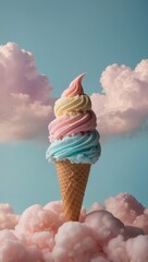 Fantasy Digital Artwork of Ice Cream Cone Floating Among Clouds