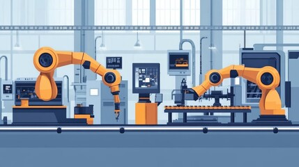 Precision Automation: Industrial Robots Assembling High-Tech Machinery in a Large-Scale Factory
