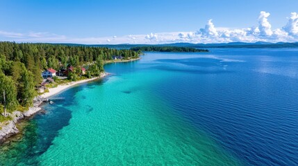 Fototapeta premium Aerial View of Clear Turquoise Water Forest and Houses on a Shoreline