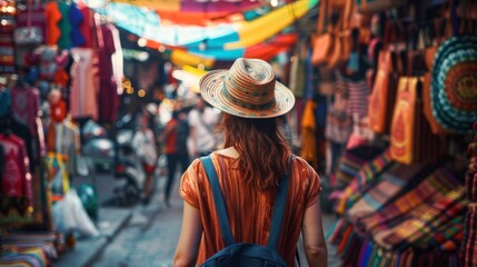 Obraz premium A traveler walking through a vibrant street market with colorful stalls and vendors with