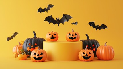 Jack-o'-lanterns and bats on yellow