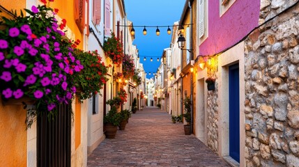 Fototapeta premium Charming Cobblestone Street in European Village with Hanging Lights and Flowers