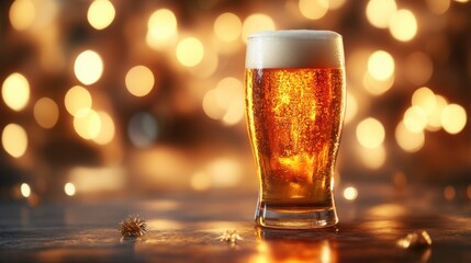 Refreshing golden beer in a glass with foam, beautiful bokeh background.