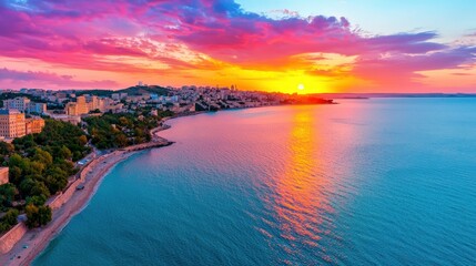 Fototapeta premium Coastal City Sunset with Vibrant Sky and Calm Sea