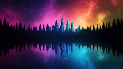 Futuristic City Skyline Reflected in Still Water at Night with Vibrant Neon Colors and Sta