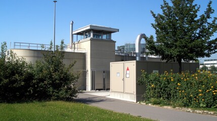 Fototapeta premium A modern wastewater treatment plant with concrete structures and a control tower. The plant is surrounded by green grass and trees.