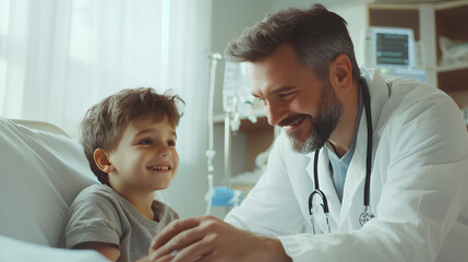 The doctor is treating a young boy in the hospital
