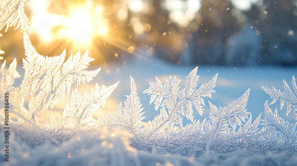 Poster Close-up of delicate frost patterns on a windowpane with the sun shining through, creating a magical winter scene.