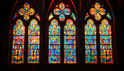Fototapeta premium A vibrant stained glass design with intricate patterns and rich colors, resembling classic church or cathedral windows