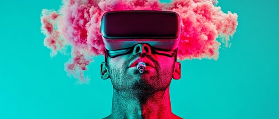 Futuristic Indian Male with VR Headset Vaping Indoors in Neon Colors