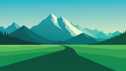 Expansive green grass field leading to towering mountains in the background, showcasing a serene outdoor scene flat vector illustration