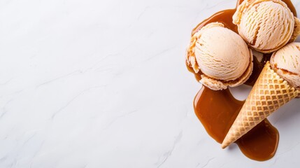 Delicious Vanilla Ice Cream Scoops with Caramel Sauce on White Marble Table