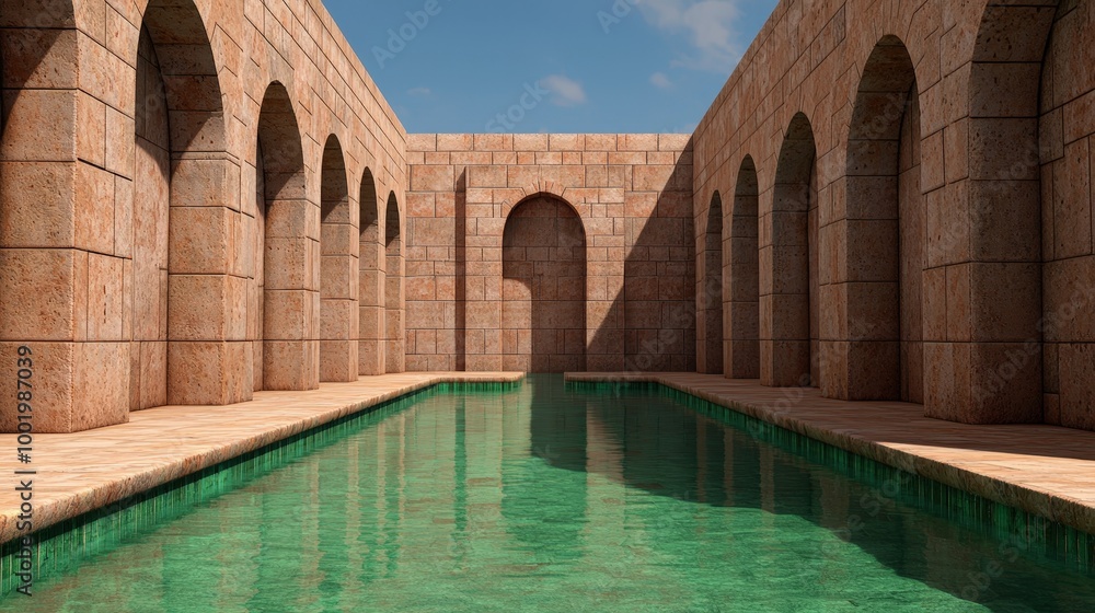 Poster ancient stone courtyard with pool and archways architecture design luxury