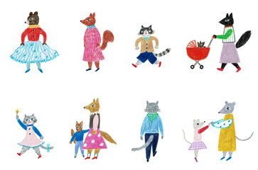 Fototapeta premium 手描きイラスト 動物の親子