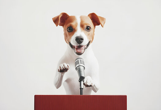 View of a dog speaking into a microphone next to the podium on white background