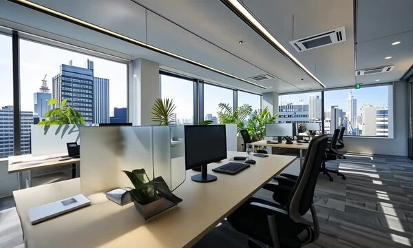 Spacious offices with floor-to-ceiling windows, facing seating, minimalist furniture, greenery and plenty of sunlight create a bright and productive work environment.